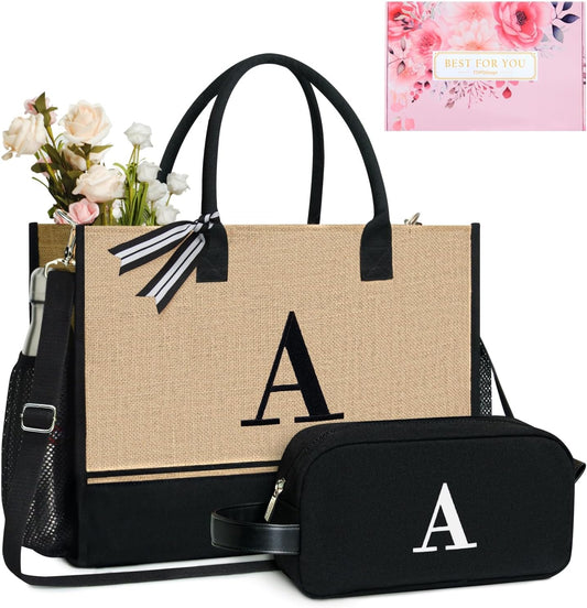 TOPDesign Personalized Initial Canvas Tote Bag, for Wedding, Birthday, Beach, Perfect Gifts for Women, Mom, Teachers, Friends
