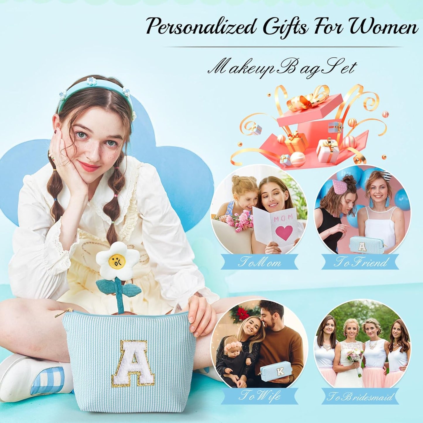 YOOLIFE Initial Makeup Bag for Women - Teen Girl Gifts Trendy Stuff Monogram Cute Makeup Bags Make Up Case for Women Her Best Friend Friendship Sister Teacher, Personalized Birthday Gifts H