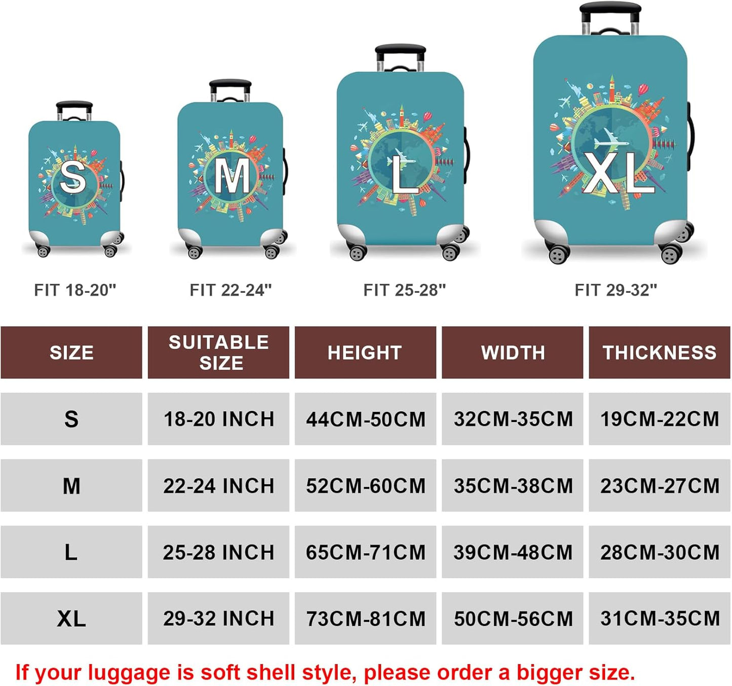 WUJIAONIAO Travel Luggage Cover Baggage Suitcase Cover Protector Skins 18-32 Inch (A15 Go Travel, S (for 18-20 inch luggage))