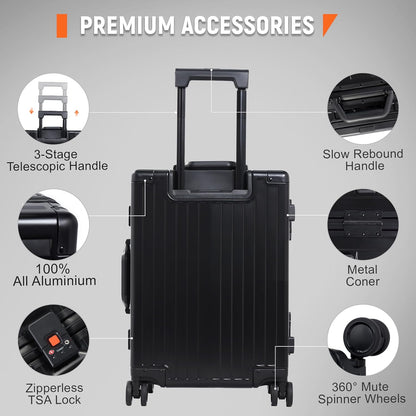 UrbanExplorer 24Inch All Aluminum Check In Luggage Heavy Duty Hard Shell Suitcases with Spinner Wheels, Zipperless Suitcase with TSA Lock, Large Luggage for Business Travel, Black