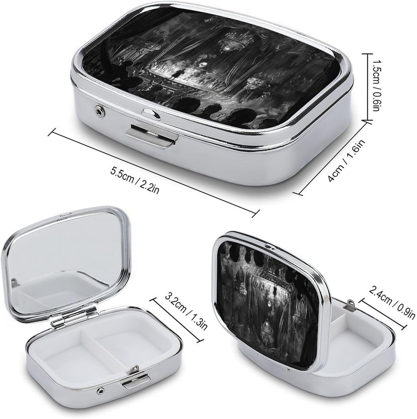Metal 2 Compartment Pill Organizer Travel Friendly Portable Compact Pill Box Cute Pill Case,for Pocket Wallets Daily Portable Medicine Vitamin Tablet Storage (A Dark Stage)