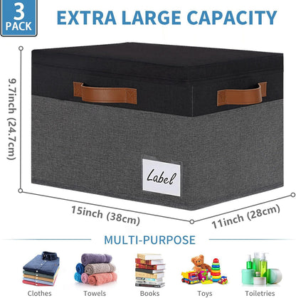 GhvyenntteS Fabric Storage Bins with Lids 3 Pack, Closet Storage Boxes with Lid and 3 Handles, Foldable Storage Baskets with Lids and Label Window for Home Office (Grey&Black, 15" x 11" x 9.7")