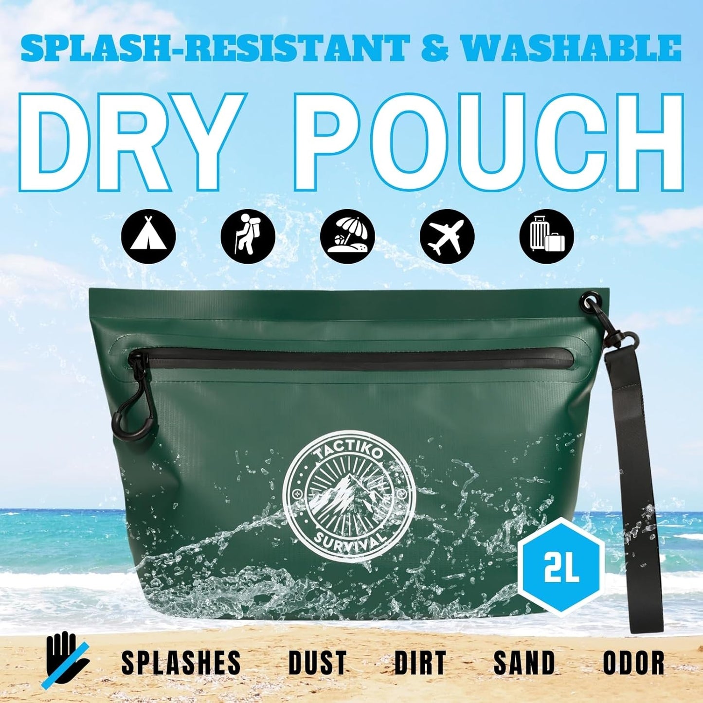 Tactiko Heavy-Duty Splash Water Resistant Zipper Pouches - 2L Hold-All Organizers for Dry Bags, Travel Bags (Green)