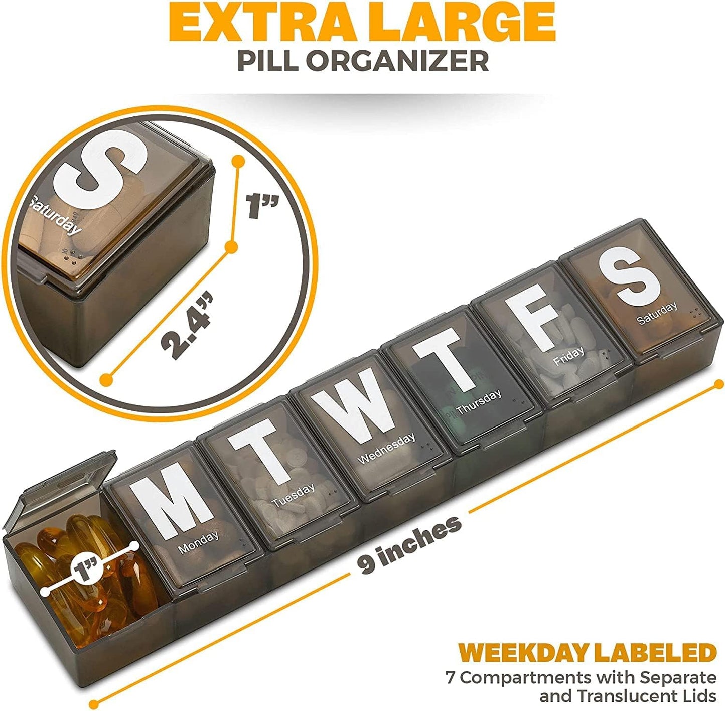 Weekly Pill Organizer - (Pack of 4) Extra Large Vitamin Container with Jumbo Easy to Read Letters, BPA Free - Daily Travel 7 Day Medication Pill Box Case, (Black)