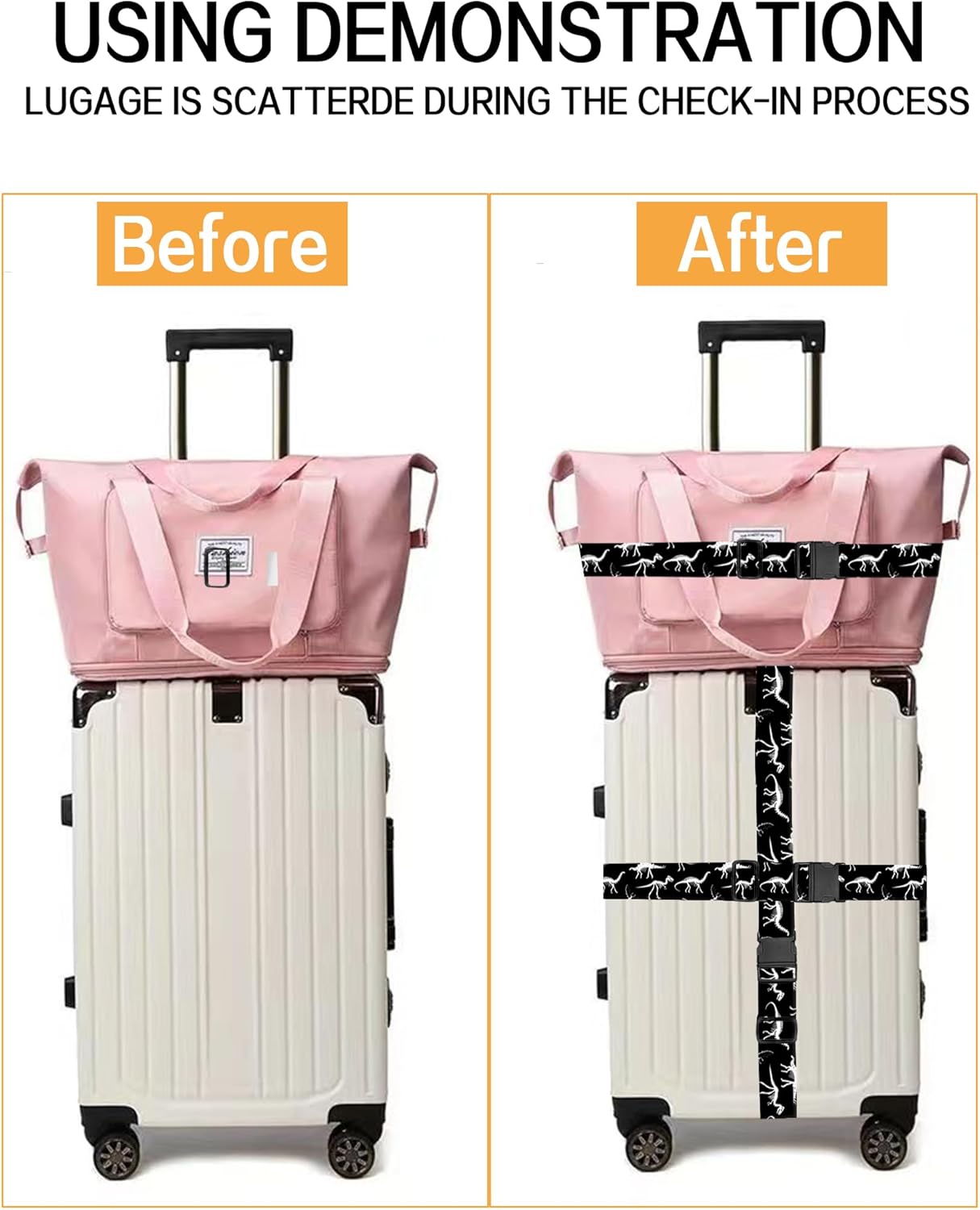 Luggage Straps for Suitcases, Adjustable Travel Belt, Durable Wide Luggage Strap, Cute Suitcase Strap Identifiers with Buckle, Bag Straps for Luggage, Black White Dinosaurs