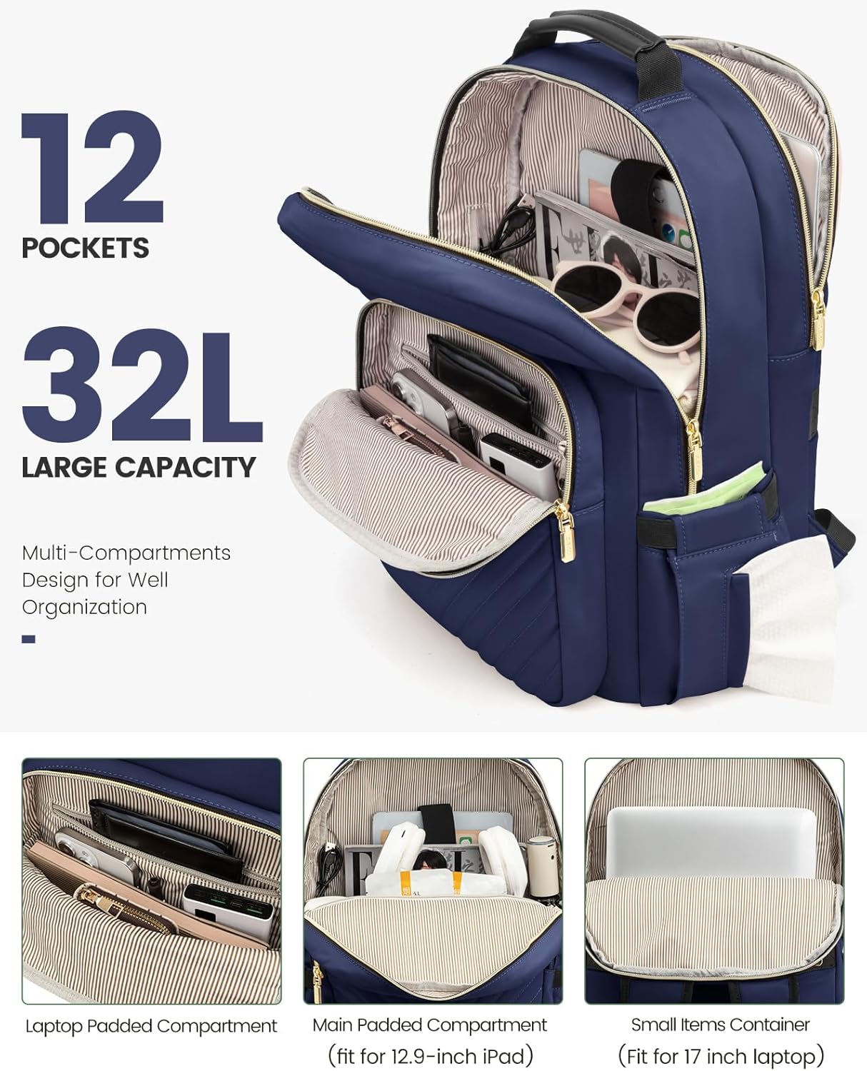 LOVEVOOK Laptop Backpack for Women, 17 Inch Large Capacity Travel Computer Work Bags, Business Nurse Backpack Purse for Womens, Backpacks, Navy