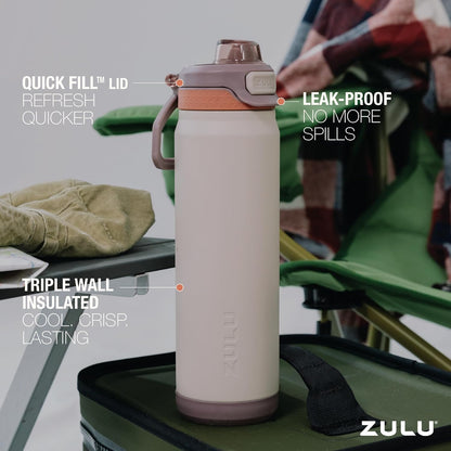 ZULU Powerfill Pro 32oz Stainless Steel Water Bottle with Quick Fill Lid, Triple Walled Vacuum Insulated Metal, Leak Proof Locking Lid, Sip and Chug, Reusable BPA Free, Driftwood