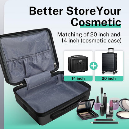 AnyZip Suitcase, 20" Carry On Luggage 14" Mini Cosmetic Cases Luggage Sets Hardside PC ABS Lightweight USB Suitcase with Wheels TSA for kids (2-Piece Set (14/20),Black)