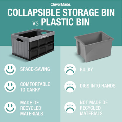 CleverMade Collapsible Storage Bins - Stone 3 Pack 62L - Stackable Containers Heavy Duty Capacity Folding Crates - Space-Saving for Home