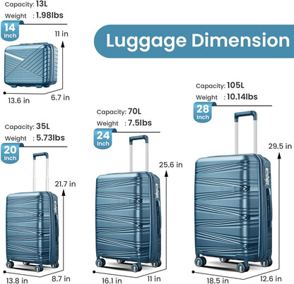 Campfun Luggage 4 Piece Sets, Expandable Carry On Luggage Set Hardshell PP, Suitcase Set with Double Spinner Wheels, Checked Durable Lightweight with TSA Lock, 14in 20in 24in 28in-Peacock Blue(C)