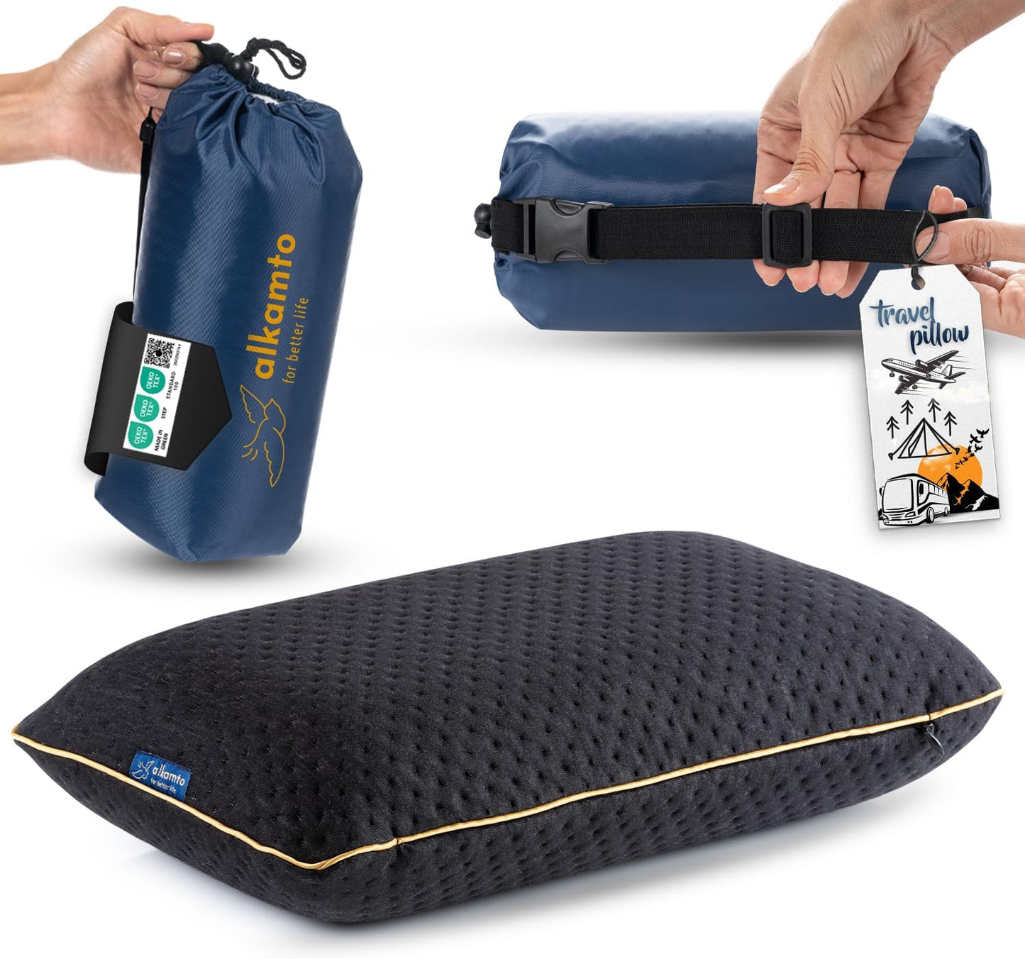 Travel & Camping Comfortable Memory Foam Pillow – Easy to Carry Portable Bag – Temperature Regulating Pillow Case (Black)