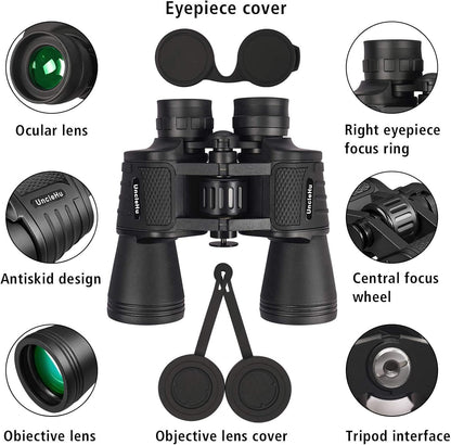 UncleHu 20x50 High Power Binoculars for Adults with Low Light Night Vision, Full-Size Waterproof Binoculars for Bird Watching Hunting Travel Football Games Stargazing with Carrying Case and Strap