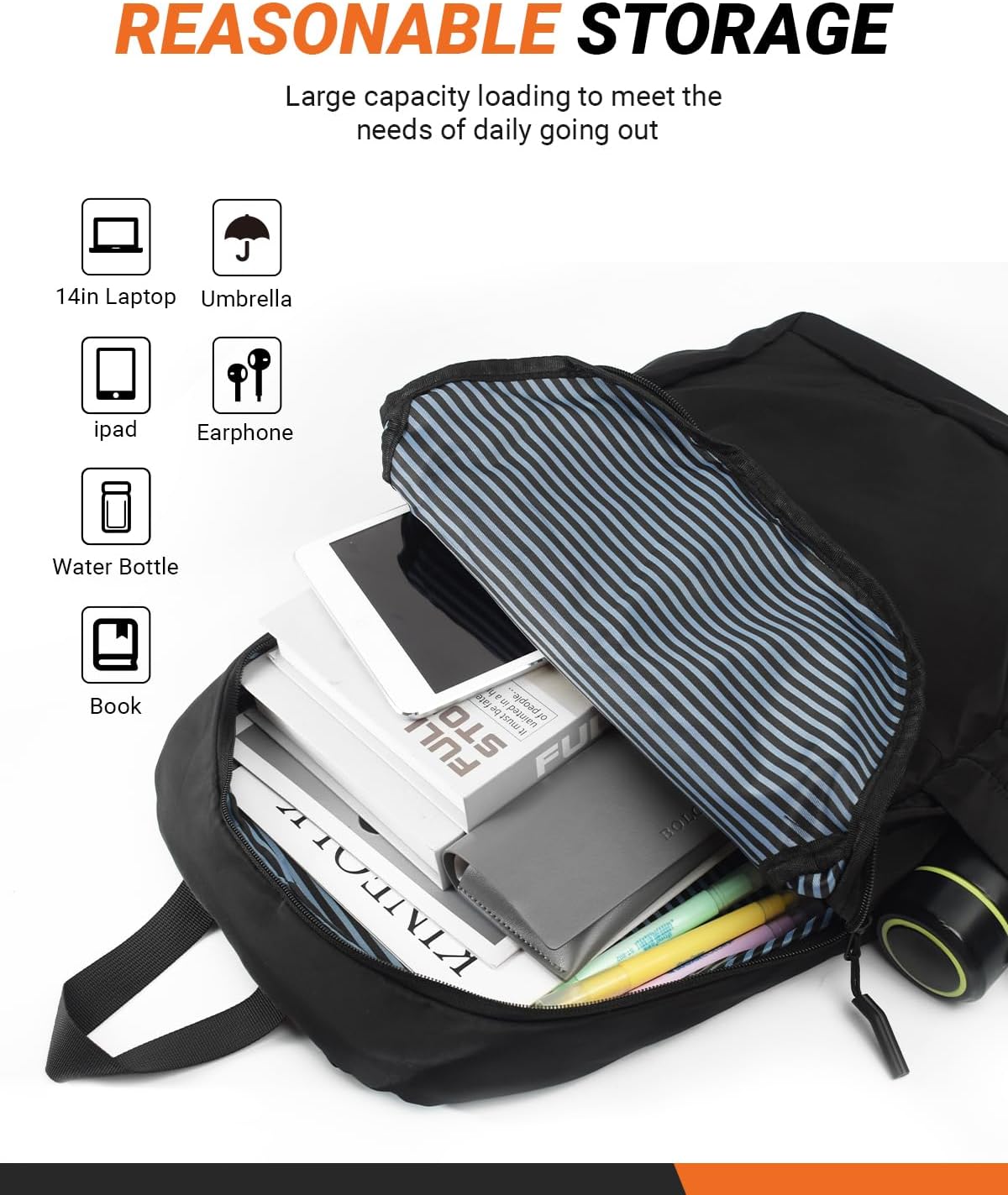 Multi-Pocket Laptop Backpack, 24L Capacity, Fits 14-inch Laptop, 16.9x12.6x5.5 inches, 1.1 lbs, Black/Navy/Gray (Black)
