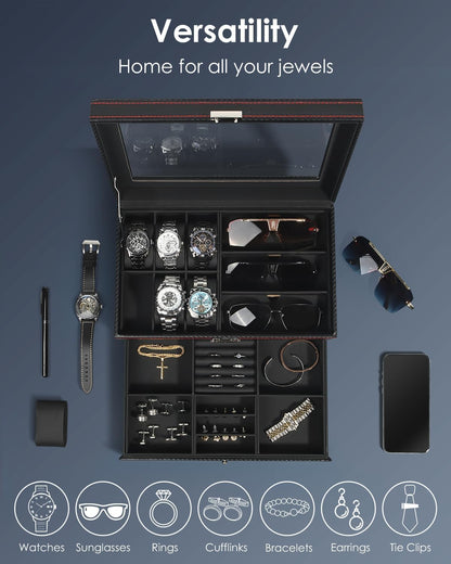 Watch Jewelry Box Organizer, 6-Slot 2-Layer Watch Case and Sunglasses Storage with Large Glass Lid, Men's Jewelry Box with Lock, Watch Holder Display Case, Gift for Men Women