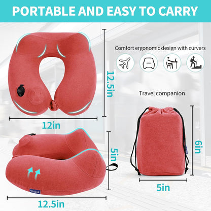 2 Pack Inflatable Travel Neck Pillows for Airplanes, Head Support Velvet Adult Neck Pillows for Long Flight, Kit with Eye Mask, Earplugs and Storage Bag, 2, Rose Pink