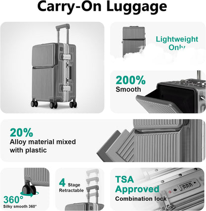 Hard Shell Luggage 20 Inch Travel Suitcase, 22x14x9 Airline Approved with TSA Lock, ABS Aluminum Frame, Lightweight Travel Luggage 20'' 24'' 26'' Carry-on Luggage (Upgraded Grey, 20 Inch)