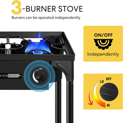 VIVOHOME 225,000 BTU Outdoor 3-Burner Propane Gas Stove, Heavy-Duty Camping Cooker with Detachable Legs Stand, Ideal for Backyard, Camping, and Outdoor Cooking