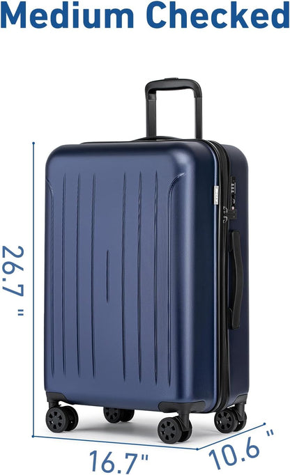 KYME Suitcase Hardshell With Double Spinner Wheels, PC+ABS TSA Lock Travel Luggage (Navy Blue, 24" Checked)