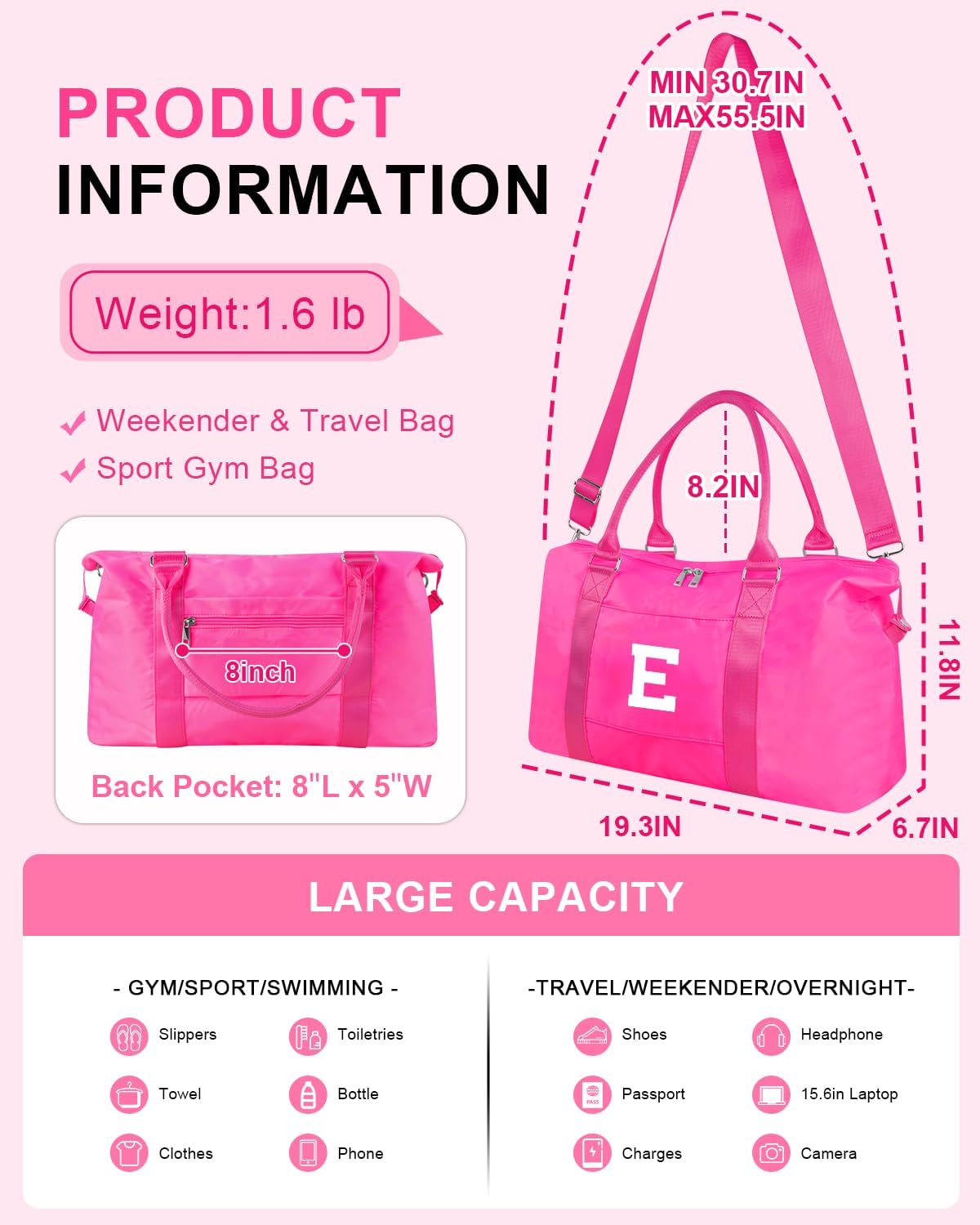 Overnight Bag for Kids Teen Girls Weekender Dance Bag Birthday Graduation Gifts,Initial Travel Duffel Bag Sports Gym Bag Personalized Weekender Bag Carry On Bags Preppy Gifts for Women(Hot Pink, E)