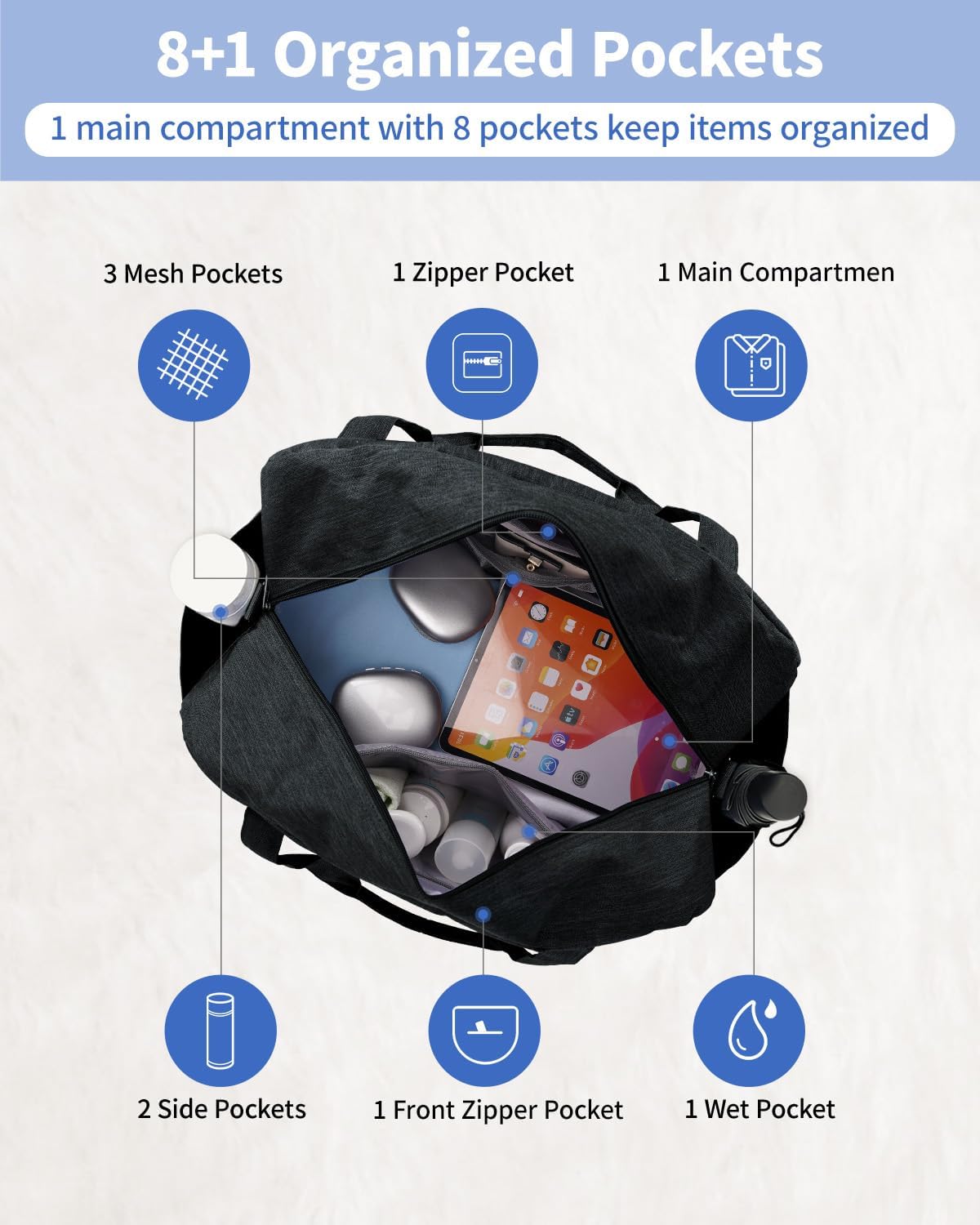 Narwey Carry on Bag 22x14x9 Airlines Approved, Carry on Duffle Bag for Airplane with Wet Pocket, Travel Duffel Bag Luggage Bag Weekender Overnight for Women Men (Black)