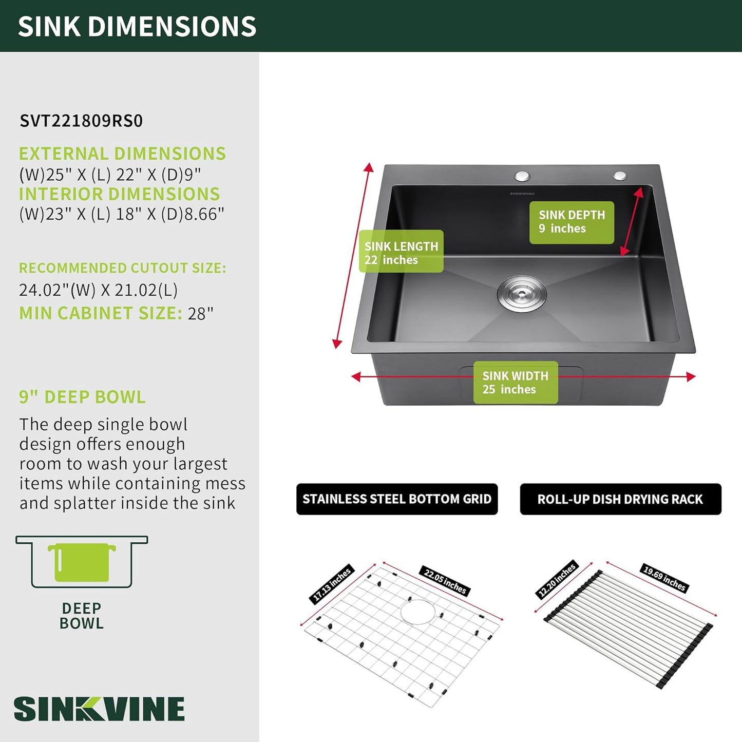 Black Drop-In Kitchen Sink 25 x 22 inch, SINKVINE PVD Nano Stainless Steel Sink for Laundry Outdoor, with Top Mount Large Deep Single Bowl, Drain Strainer, Bottom Grid, Roll-up Drying Unit, Dark Gray