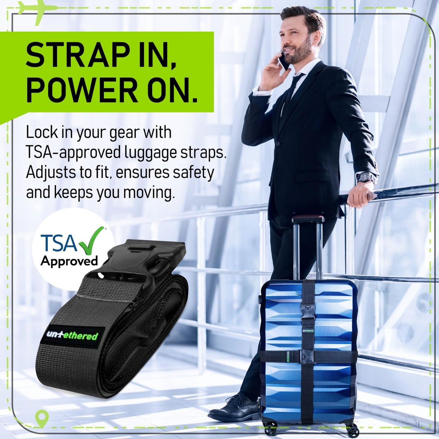 Untethered Luggage Straps | TSA-Approved Suitcase Belts with Heavy-Duty Buckles. Secure Adjustable Travel Accessories for Checked Bags. 4-Pack