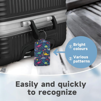 Set of 2 Luggage Tags for Suitcases, Leather Cute Cartoon Dinosaur Baggage Tags with Stainless Steel Loop, Privacy Name ID Card Cover Kawaii Travel Labels for Women Men Kids Girls