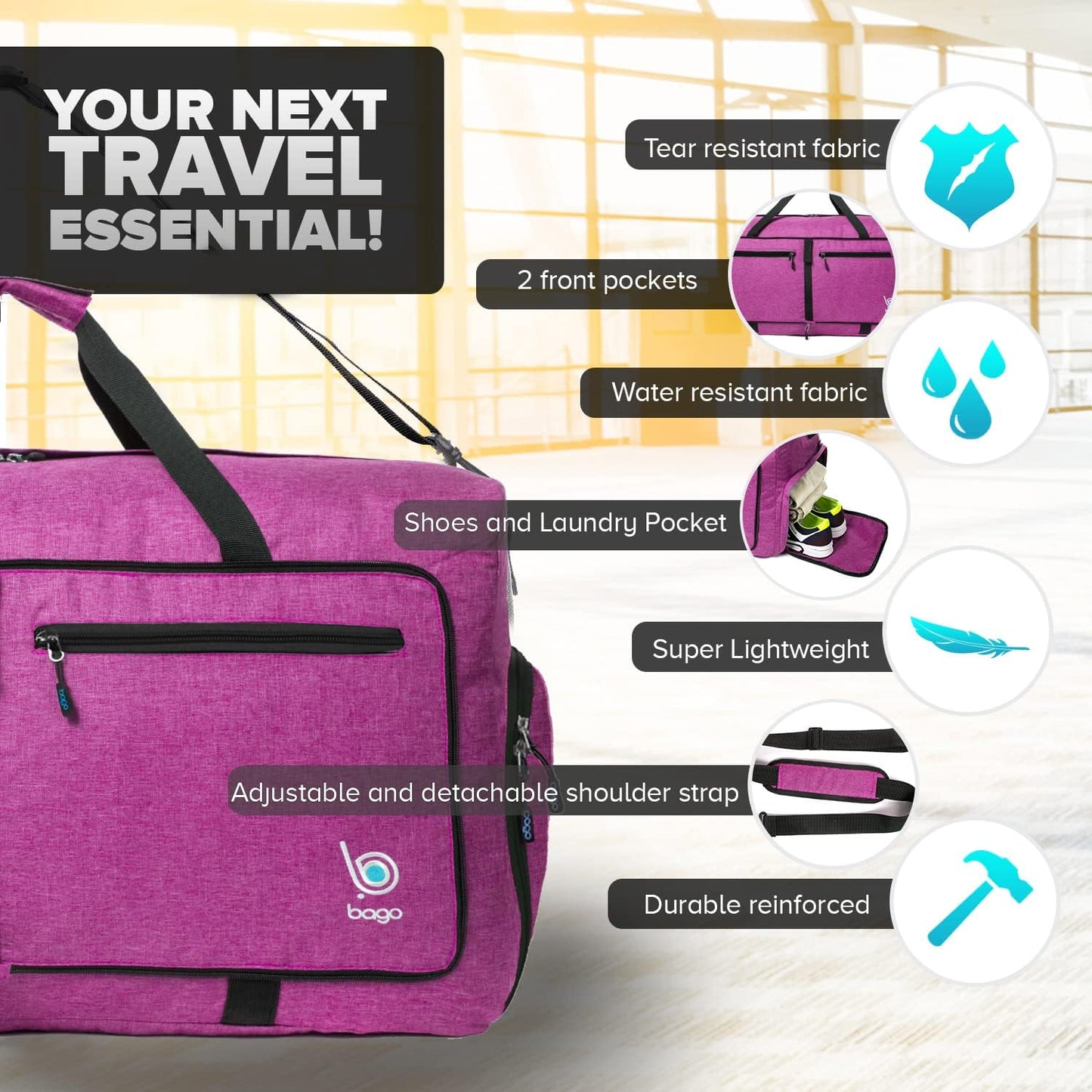 Bago Foldable Duffel Bags for Traveling Women & Men - 60L Medium Packable Duffle Bag for Travel with Shoe Compartment - Water Repellant, Heavy Duty, Lightweight Folding & Collapsible (SnowPink)