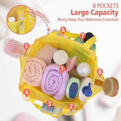F-color Mesh Shower Caddy Portable, Upgrade Deeper 7 Pockets Shower Bag Basket Tote for College Dorm Room Toiletry Bathroom Essentials Gym Camp Quick Dry 2 handles with S Hook, Yellow