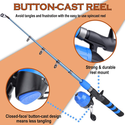 PLUSINNO Kids Fishing Pole, Portable Telescopic Fishing Rod and Reel Combo Kit - with Spincast Fishing Reel Tackle Box for Boys, Girls, Youth