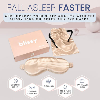 Blissy Silk Sleep Mask - Eye Sleeping Mask for Women & Men for Total Blackout - 100% Pure Mulberry Silk, 22 Momme 6a Fibers - Blindfold Sleep Mask Side Sleeper Eye Cover (Champagne)