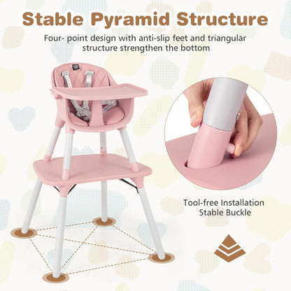 BABY JOY High Chair, 5 in 1 Convertible Highchair for Babies & Toddlers | Booster Seat | Table and Chair Set | Infant Feeding Chair with Removable Tray, Safety Harness, Removable Cushion (Pink)