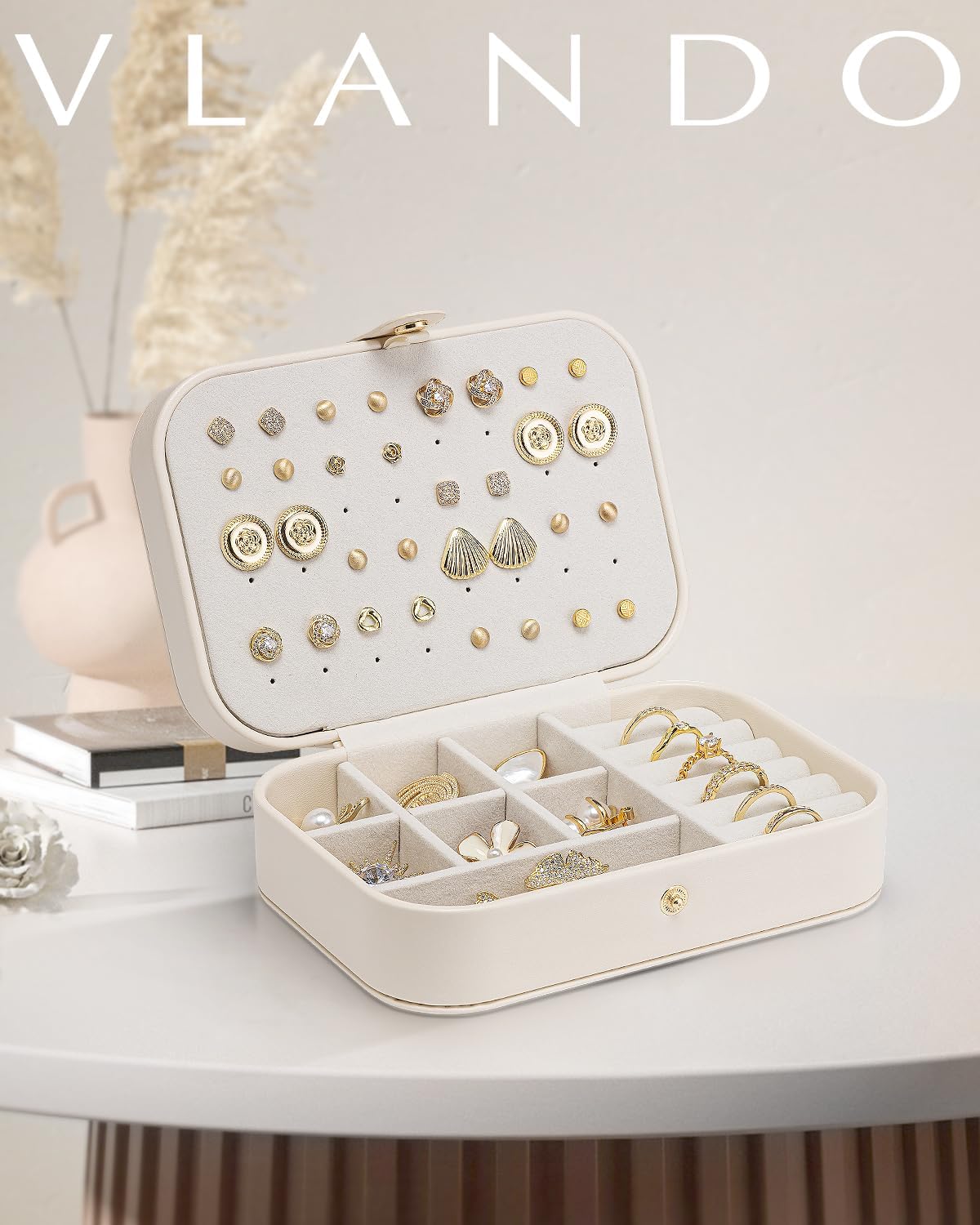 Vlando Travel Jewelry Case for Women Girls Mothers, PU Leather Small Mini Jewelry Box for Rings, Necklaces, Bracelets, Earring Holder Organizer Storage for Travel Accessories, Bridesmaid Gifts - Beige