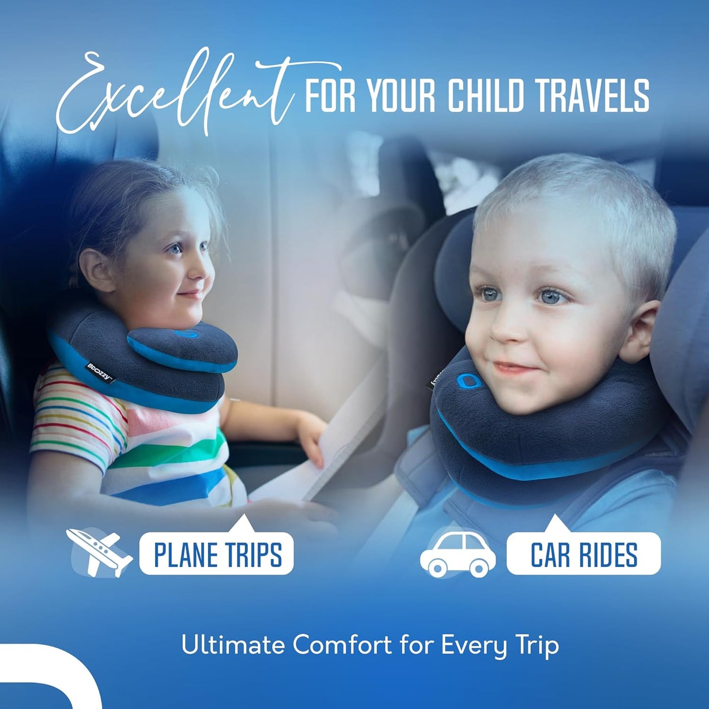 BCOZZY Kids Travel Neck Pillow (3-7 Y/O)- Patented Soft Toddler Pillow for Head & Chin Support in Car Seat, Airplane, and Road Trip Sleeping. Adjustable Size. Fully Washable. Carry Bag. Small, Navy