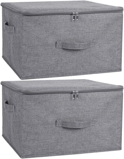 ANMINY 2PCS Storage Bins with Zipper Lids 51.9 Qt Lidded Fabric Storage Boxes Baskets Cubes with Handles Collapsible Washable Cotton Linen Closet Shelf Clothes Organizer - Gray, Extra Large