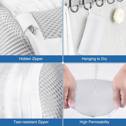 Shoe Washing Bag for Washing Machine, Fluffy Fibers Keep 360° Wrap-around Cleaning, 2 Pairs Adjustable Shoe Trees, Durable Hidden Zipper Reusable Shoe Laundry Bag for Sneaker Gym Shoes White