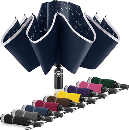 Bodyguard Inverted Umbrella - Large Windproof for Rain & Sun, Compact Reverse With Reflective Stripe, Teflon-Coated for Women Men, Travel Folding With Cover Bag