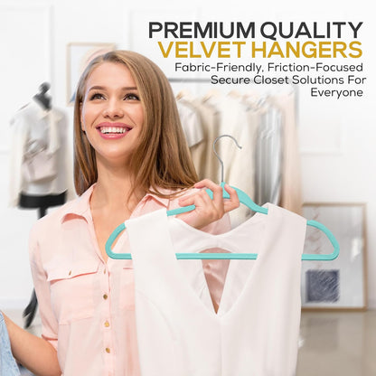 50 Pack New Premium Quality Velvet Hangers Ultra Thin Non Slip Adult Felt Space Saving Hangers for Closet Heavy Duty Coat Pants Dress Hangers 360° Swivel Hook Hold Upto 10 lbs Teal