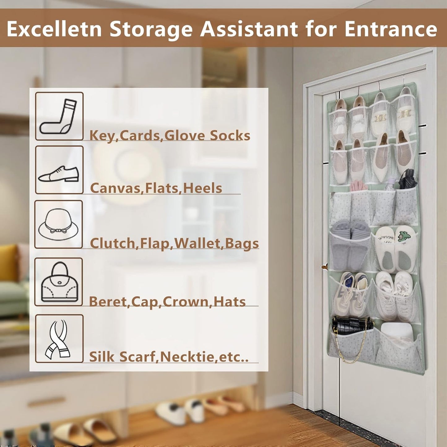 Over the Door Organizer with 4 Kinds of Pockets,Behind Door Shoes Rack,Back of Closet Storage Organization for Socks,Hat,Underwear,Luggage Packing,Hanging Holder Shelf in Home Dorm,Travel,Green