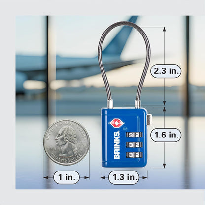 Brinks TSA Accepted Indicator Luggage Lock, Blue - Resettable 3-Dial Combination, 2.5 inch Long Cable Shackle, New More Secure TSA008 Key, 2 Pack