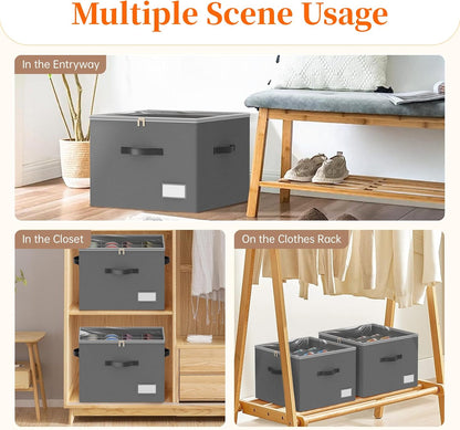 Shoe Organizer for Closet, Foldable Shoe Storage Containers, Fits up to 16 Pairs, Large Shoe Storage Organizer Box Cubby Baskets Bins with Clear Cover and Reinforced Handles, Gray