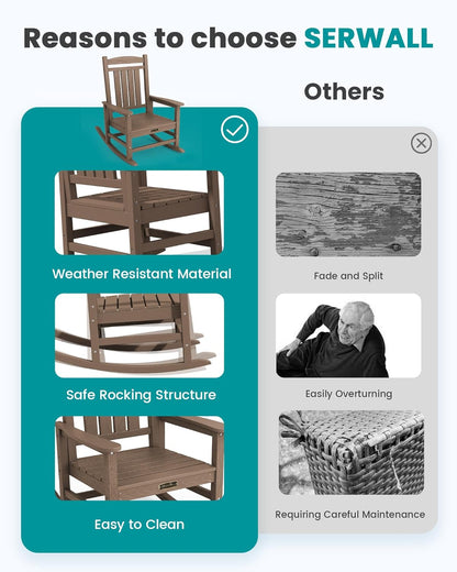 SERWALL Outdoor Rocking Chair, HDPE Patio Rocking Chair All-Weather Porch Rocker for Balcony, Yard, Brown
