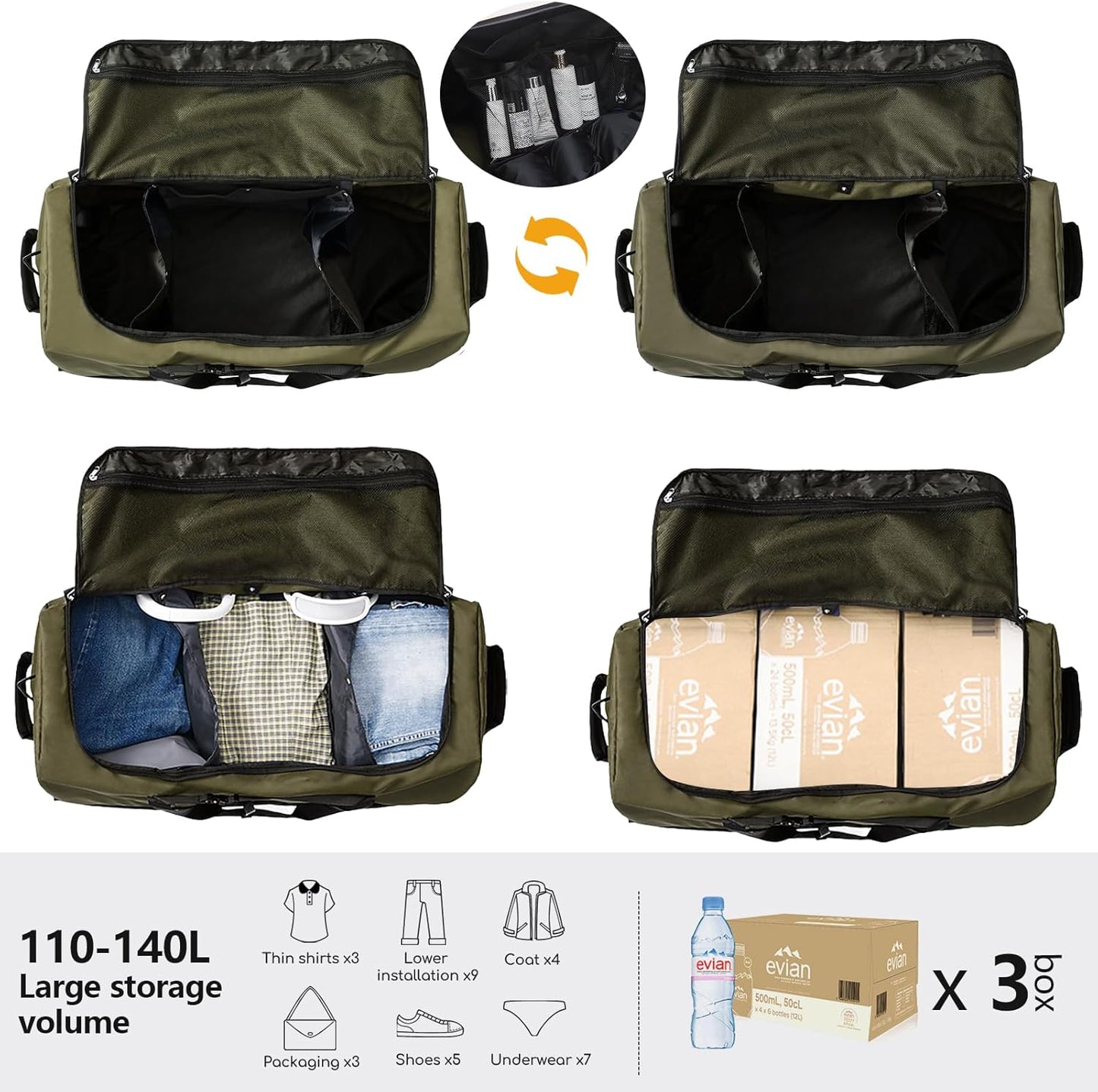 CONTAIL 32" Soft-Sided Rolling Duffle Bag with 2 Wheels,Expandable from 110L to 140L, Foldable Travel Duffel with Multiple Compartments,Army Green