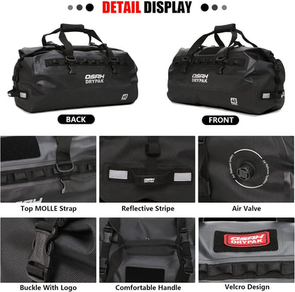 Waterproof Duffel Bag - Motorcycle Dry Bag 40L Tail Bag with Large Storage Space, Waterproof Duffle Bags with Outer Mesh Zipper Pocket for Camping, Kayaking, Fishing & Traveling-Grey