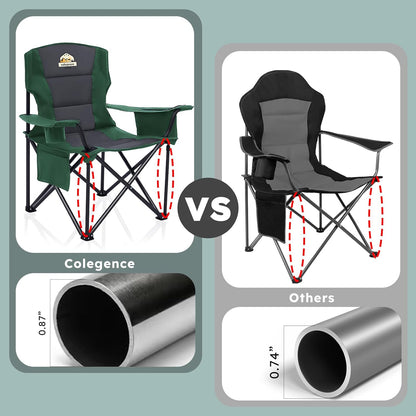 Oversized Folding Camping Chairs - 450 LBS Support Heavy Duty Camp Chair with Padded Cushion, Portable Outside Chairs with Carry Bag，Cooler, Cup Holder for Outdoor, Lawn, Sports - Green