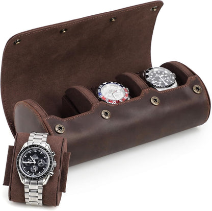 Genuine Leather Watch Roll Travel Case,3 Slots Vintage Full Grain Leather Watch Box with Pillow for Men,Watch Storage Organizer for Home Storage,Anniversary Birthday Christmas Gift