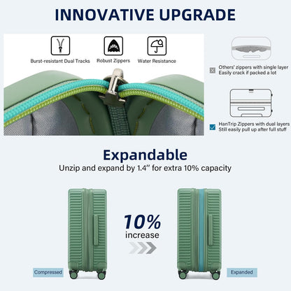 Hard Shell Suitcases Expandable Travel Luggage Sets 2 Piece, Carry on and Check in Luggage Lightweight Suitcase Set 2 Piece with Wheels Cup Holder Charger Built in (Forest Green, 20/28)