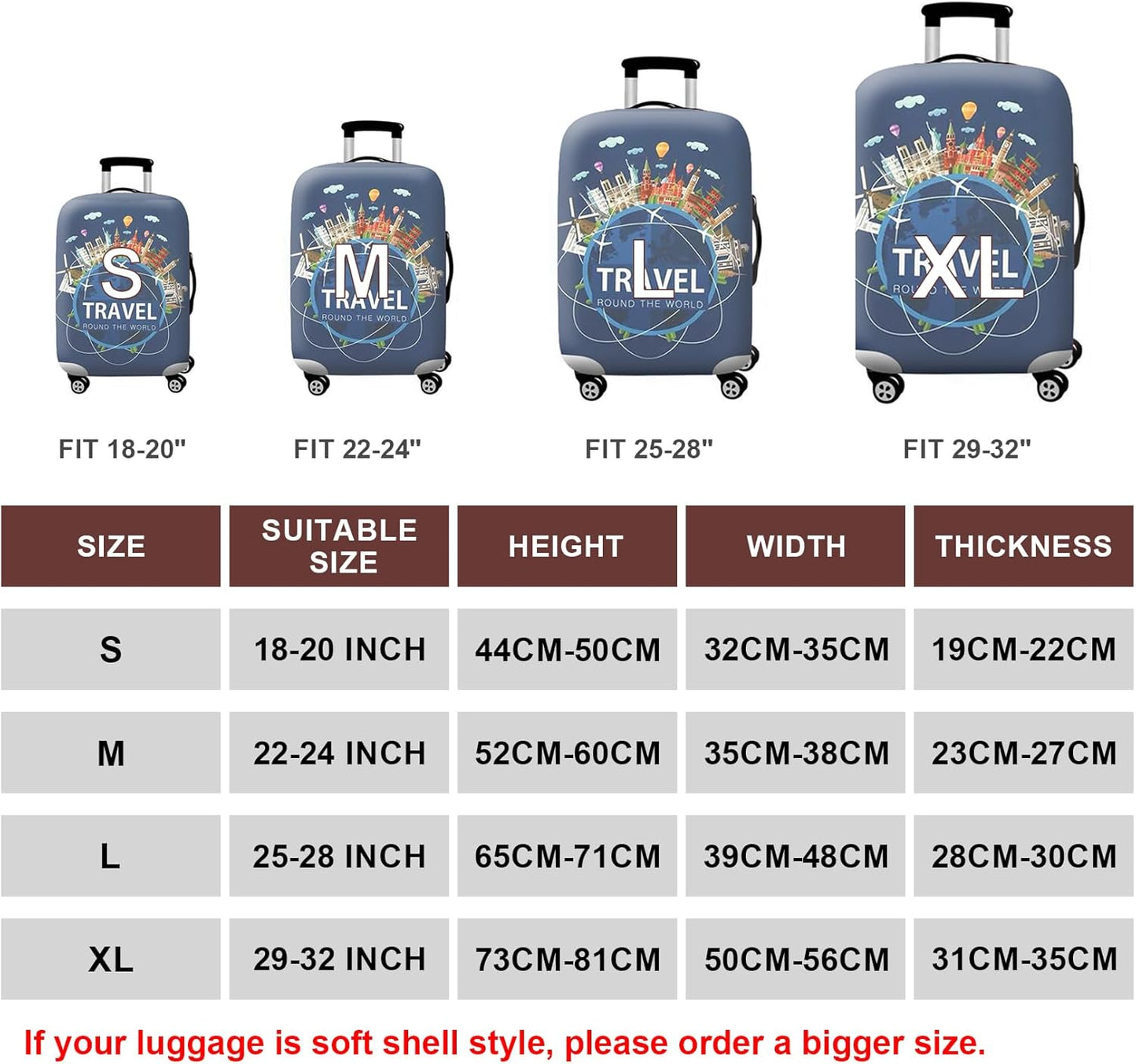 WUJIAONIAO Travel Luggage Cover Baggage Suitcase Cover Protector Skins 18-32 Inch (A9 TRAVEL, M (for 22-24 inch luggage))