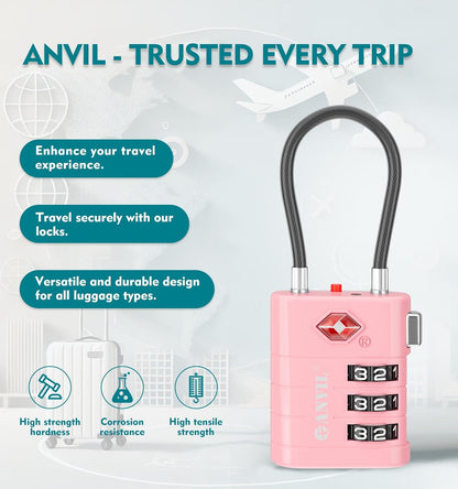 ANVIL TSA Approved Luggage Locks – High Security TSA008 Combination Travel Locks with Inspection Indicator for Suitcases and Backpacks. (4, Pink)