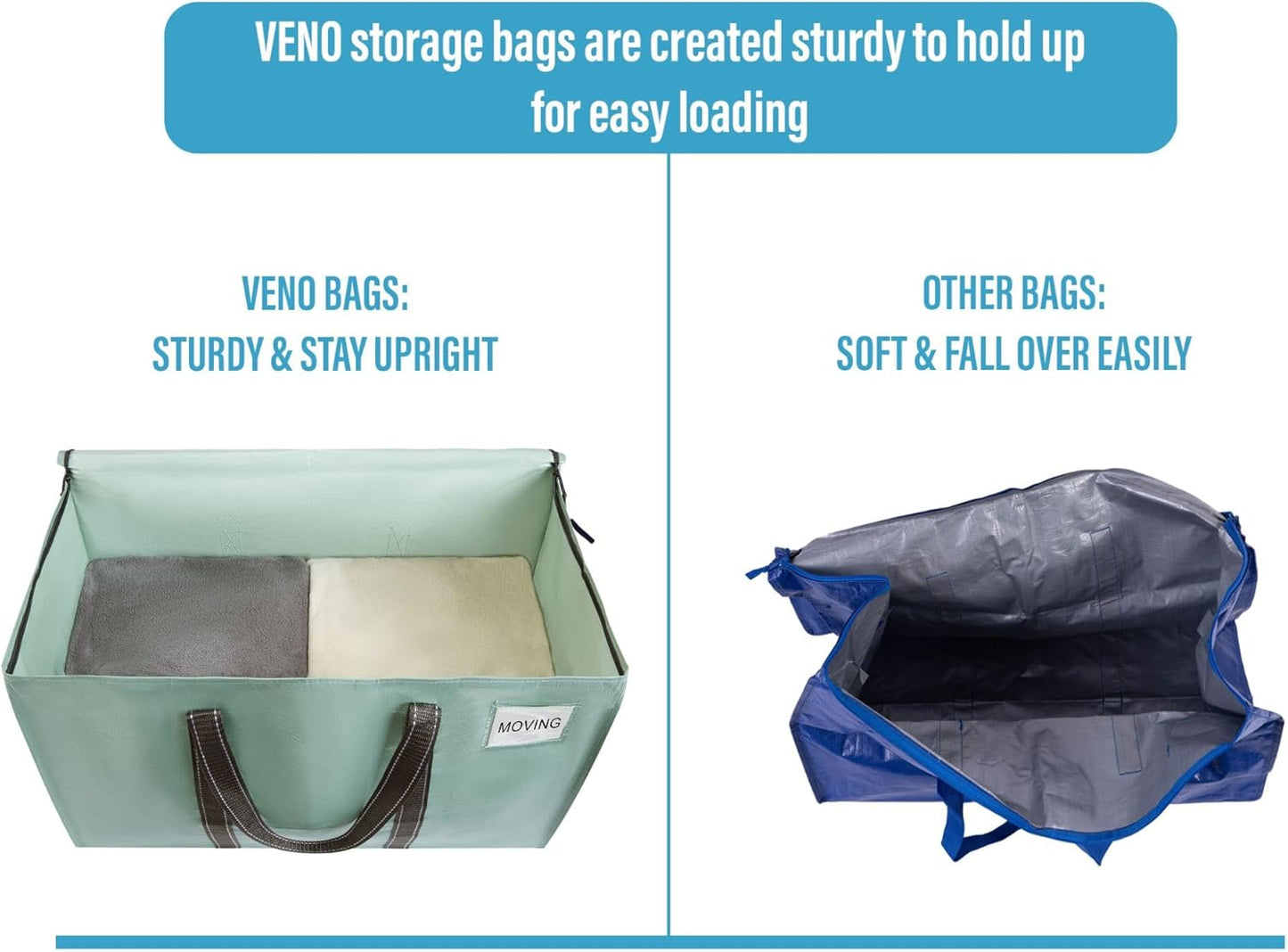 VENO 2 Pack Moving Bags, Heavy Duty, Moving Boxes Alternative, Packing Storage Supplies for Dorm Room Essentials with Zipper for Clothes, Extra Large Totes for Packaging (Shiny Light Green, 2 Pack)